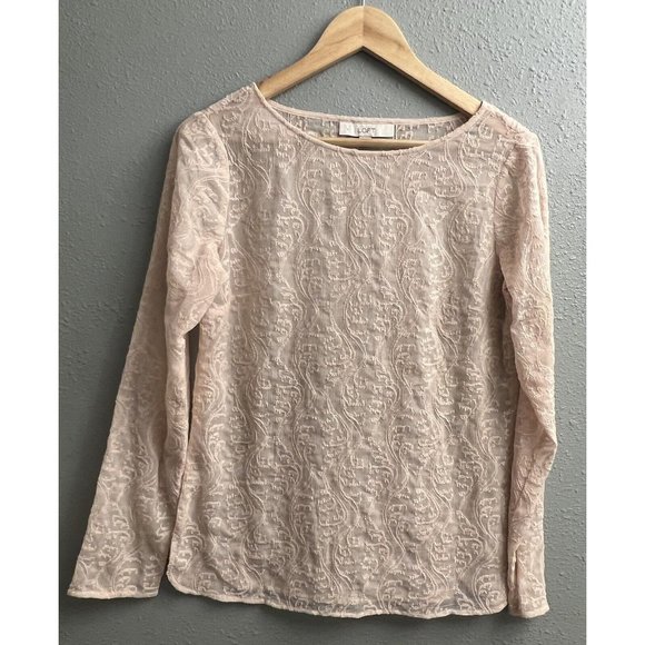 Ann Taylor LOFT Shirt Womens XS Peach Lace Sheer Long Sleeve Pull Over - Picture 1 of 7
